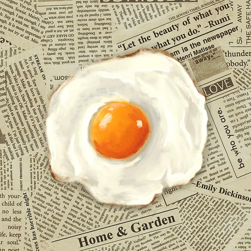 A digital oil painting of an egg on top of newspaper.